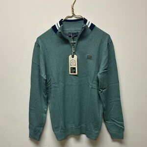Raymond Teal Zip-Up Sweater with Navy Trim